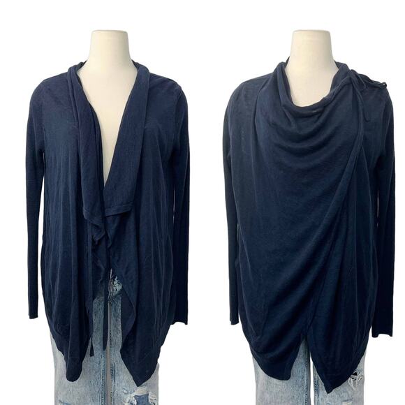 360 SWEATER Sweaters - 360 Sweater Linen Cardigan Cowl-Neck Draped Navy Long Sleeve | Size: Small